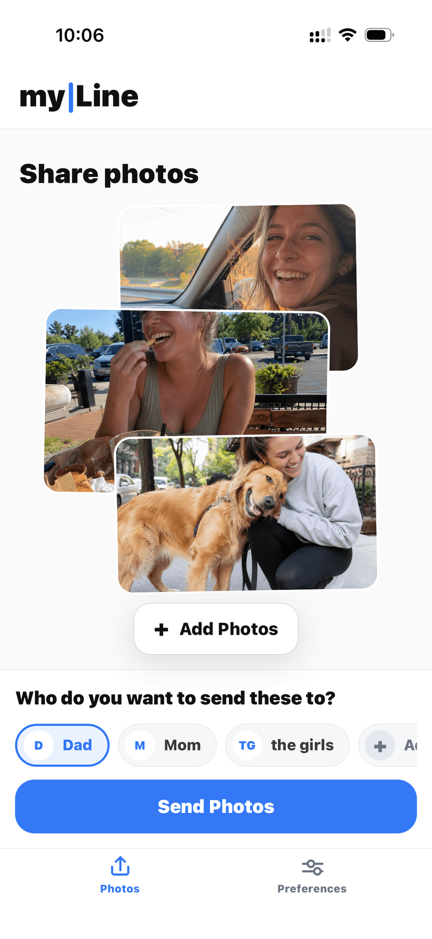 myLine share screen on an iPhone: recent photos ready to send to Dad, Mom, or the girls